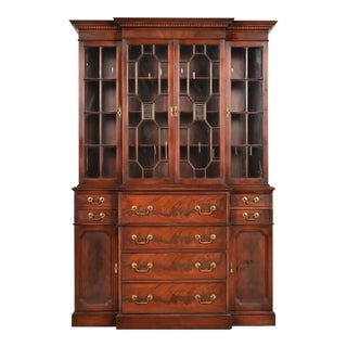 Baker Furniture Style Georgian Flame Mahogany Breakfront Bookcase Cabinet With Drop Front Secretary Desk For Sale