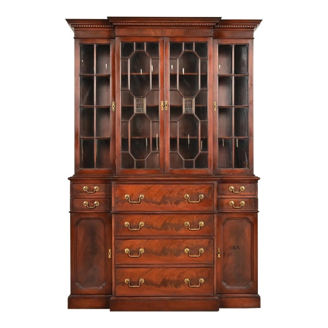 Baker Furniture Style Georgian Flame Mahogany Breakfront Bookcase Cabinet With Drop Front Secretary Desk For Sale