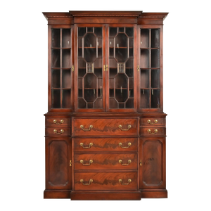 Baker Furniture Style Georgian Flame Mahogany Breakfront Bookcase Cabinet With Drop Front Secretary Desk