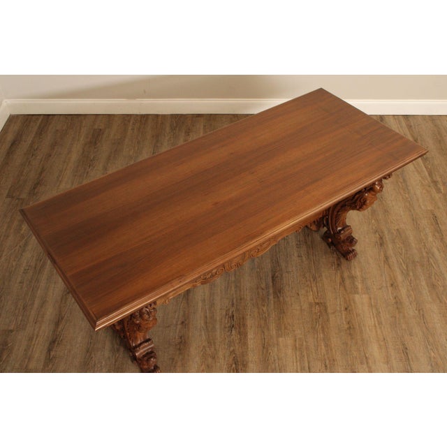 Traditional Antique Italian Renaissance Revival Carved Walnut Library Table For Sale - Image 3 of 12
