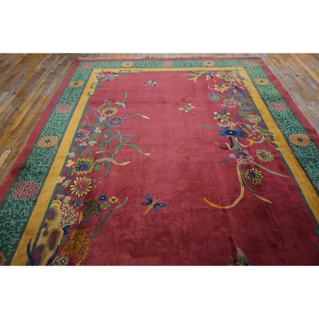 1920s Fuschia Open Field Floral Modern Antique Chinese Art Deco Knotted Wool Rug For Sale - Image 10 of 10