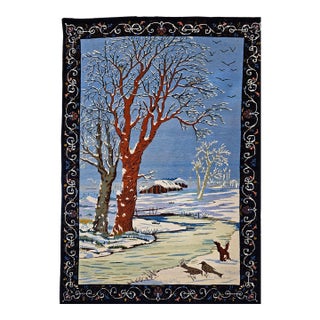 Vintage Persian Tabriz Pictorial Rug, Hand-Knotted Wool, Winter Forest Scene, Blue & Ivory, 4x6 For Sale