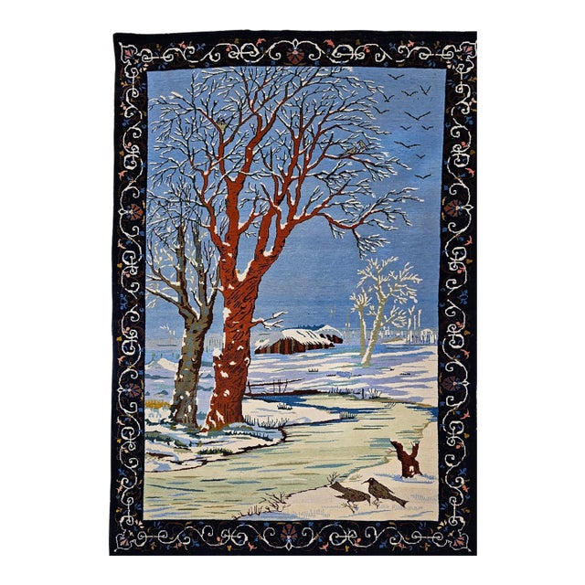 Vintage Persian Tabriz Pictorial Rug, Hand-Knotted Wool, Winter Forest Scene, Blue & Ivory, 4x6 For Sale