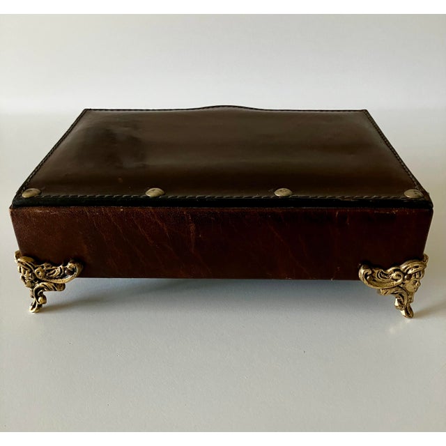 Wood Vintage Italian Florentine Tooled Leather Valet Jewelry Box With Ornate Brass Feet For Sale - Image 7 of 18