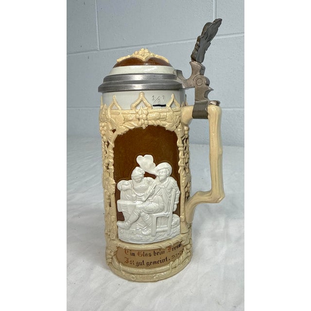 Figurative Antique 1800's German Mettlach Villeroy Boch Pottery Pewter Lidded Beer Stein For Sale - Image 3 of 14