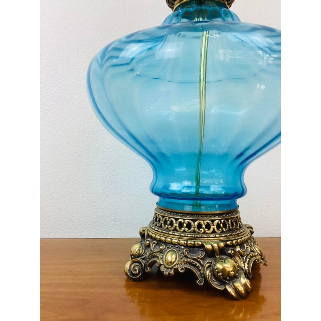 Blue Vintage 1970s Tall Aqua Blue Glass & Brass Hollywood Regency Lamp & Shade For Sale - Image 8 of 9