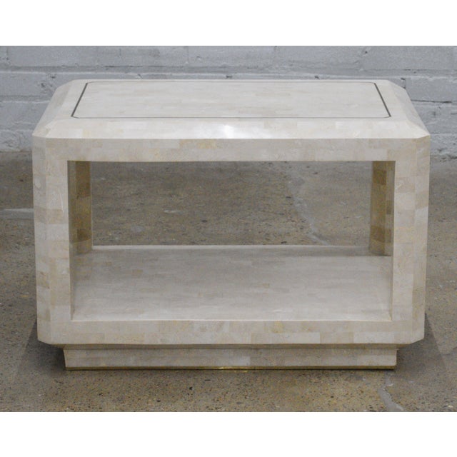 Maitland Smith Style Tessellated Stone Brass Inlay Side End Table. Regency style table resting on brass trim plinth base....