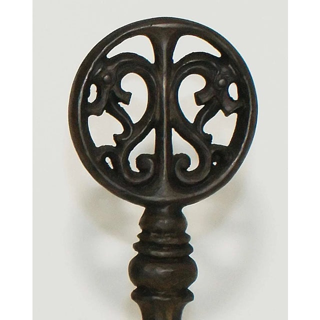 Antique Andirons With Dragon Medallion Finials on Turned Balusters and Splayed Feet - A Pair For Sale - Image 4 of 5