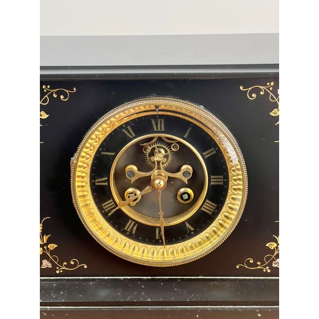 Black Antique Victorian Slate Mantle Clock With Open Escapement 8 Day Time and Strike C. Late 19th Century For Sale - Image 8 of 8