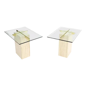 Pair of Travertine Pedestal Bases Brass Frames Glass Tops End Side Tables Stands