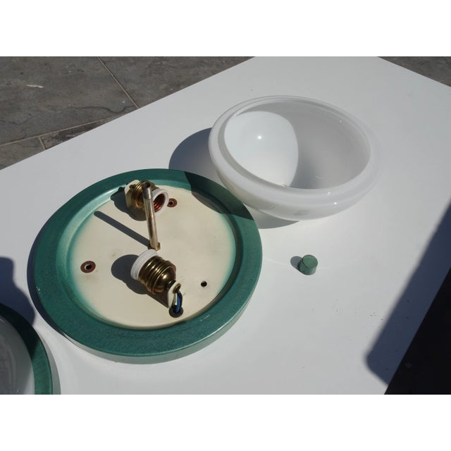 Industrial Metalic Green Lacquered Ceiling Lamp in White Opaline Glass, 1940s For Sale - Image 4 of 12