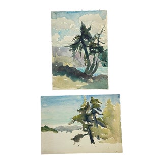 Pair of Vintage Original Double-Sided Impressionist Style Landscape Watercolor Paintings 1970s For Sale