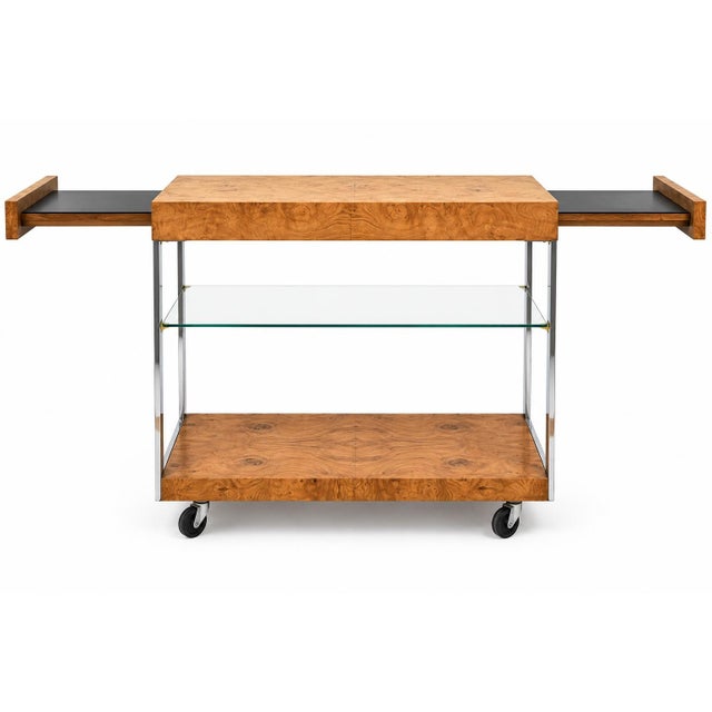 Milo Baughman 1970s Modern Extendable Burl Olivewood & Chrome Bar Cart Att. Milo Baughman For Sale - Image 4 of 4