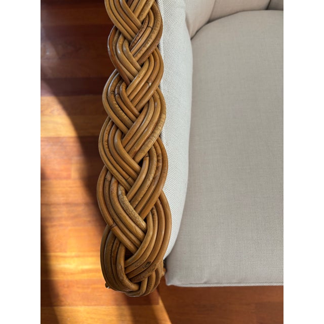 Linen 1960s Vintage Cottage Wicker Braided Rattan Arm Chairs With New Upholstery - Set of 2 For Sale - Image 8 of 10