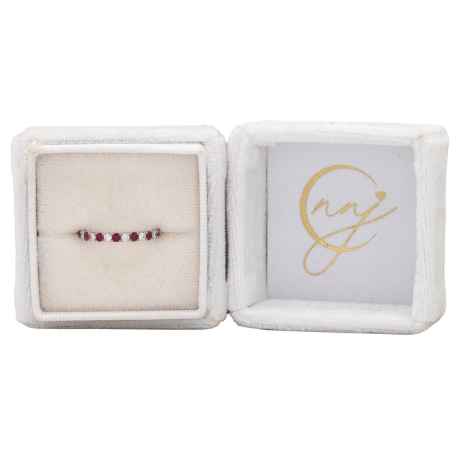 Modern Fine Round Ruby and Diamond Band in Solid 14k White Gold - Halfway Band, Size 6.75 For Sale - Image 3 of 6