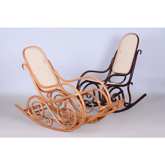Thonet Art Deco Beech & Rattan Rocking Chair attributed to Thonet, Czech, 1890s For Sale - Image 4 of 16