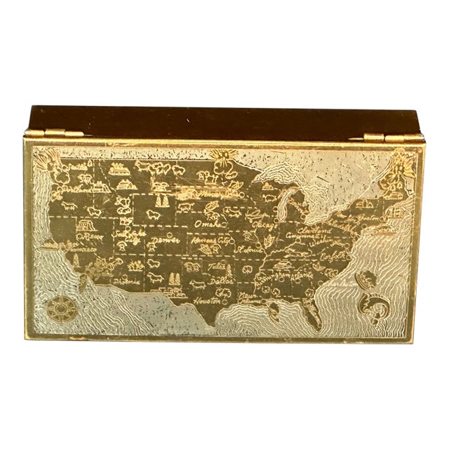 Vintage Brass Cigarette Box With Etched Pictorial Map For Sale