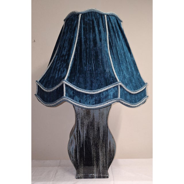 Large Vintage Blue-Grey Gradient Glazed Ceramic Table Lamp with Fabric Shade, 1970s, in Very Good conditions. Designed...