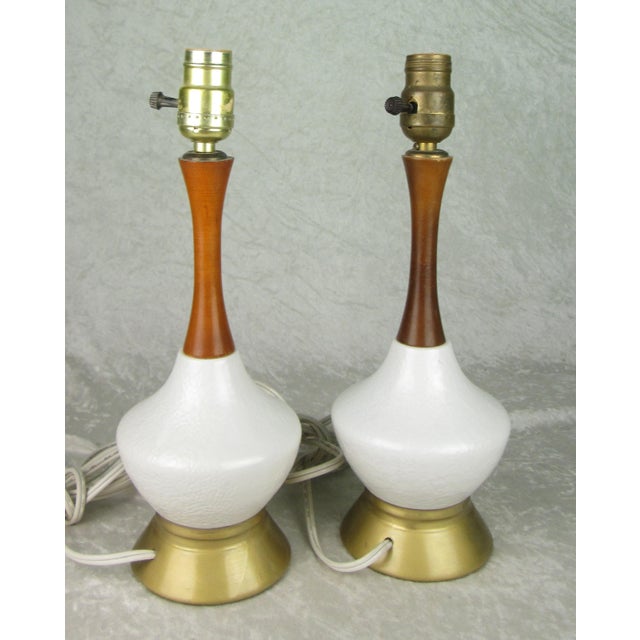 Mid 20th Century Mid 20th Century Mid Century Modern Small Pottery and Walnut Table Lamps - a Pair For Sale - Image 5 of 15