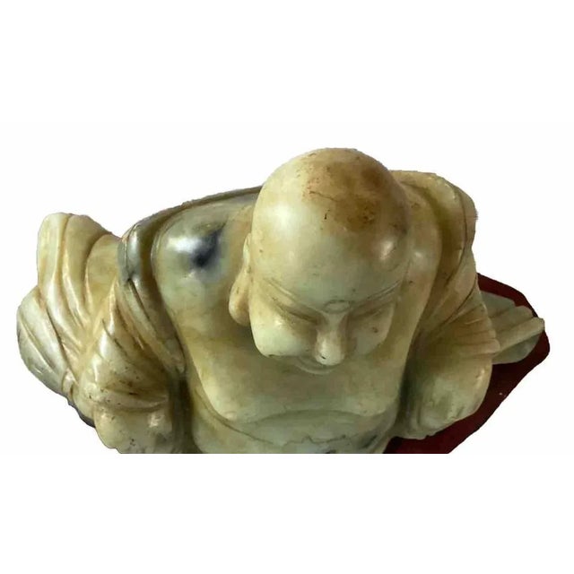 Monumental Antique Chinese Jade-Like Happy Buddha Sculpture on Custom Wooden Base, One-Piece Hand-Carved Jade | Symbol of Prosperity & Joy For Sale - Image 11 of 12