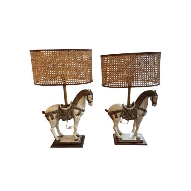 Unique vintage table lamps of ceramic horses. Perfect for equestrian enthusiasts or those who appreciate vintage charm....