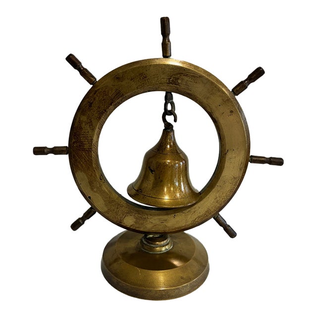 Vintage Brass Ship Wheel Bell on Stand, Nautical Accent For Sale