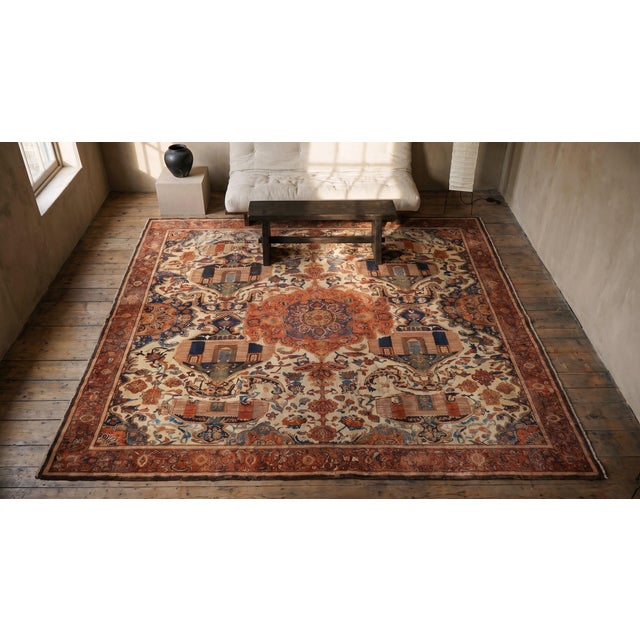 1890s Ivory Rustic Medallion Antique Persian Malayer Rug 12'4" X 15'10" Handknotted Wool Carpet For Sale In New York - Image 6 of 8