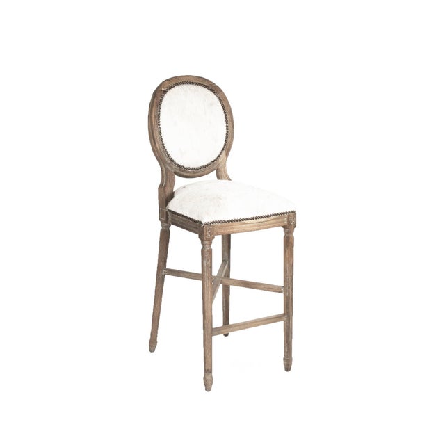 Medallion Louie Bar Stool - White Cowhide / Weathered Gray Frame For Sale - Image 4 of 4