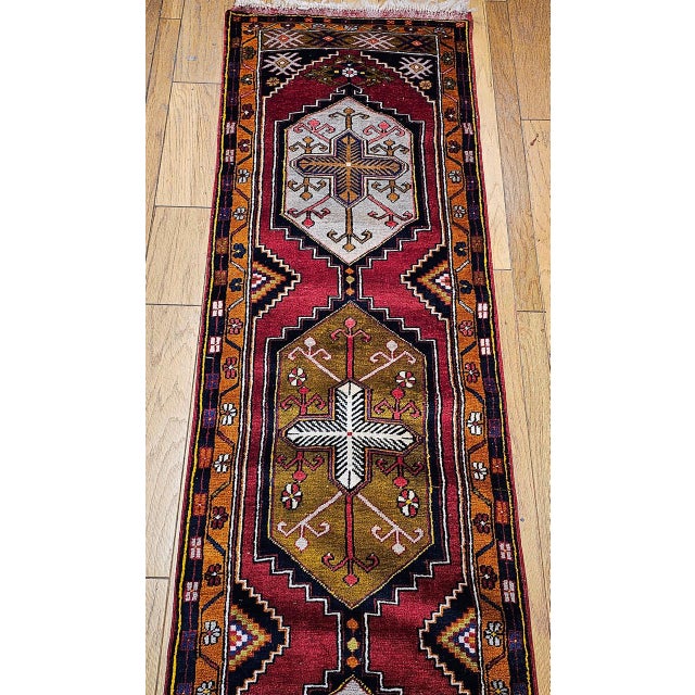 Vintage Turkish Oushak Runner, Handwoven Wool Pile, Geometric Pattern, 3' x 15' For Sale - Image 9 of 16