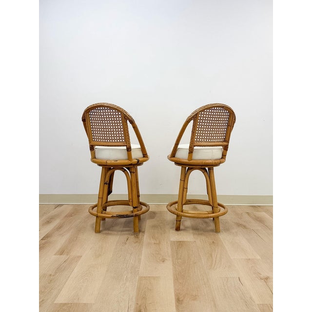 Vintage Coastal Hollywood Regency Caned Rattan Swivel Barstools Counter Height For Sale - Image 9 of 13