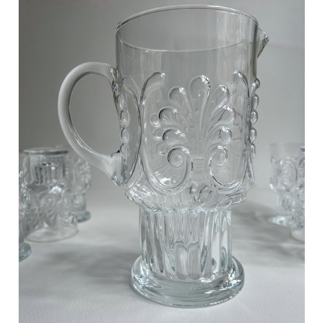 Vintage Set of Pilgrim Glass Corp. Adams Clear 8 Pedestal Glasses & Pitcher For Sale - Image 9 of 18