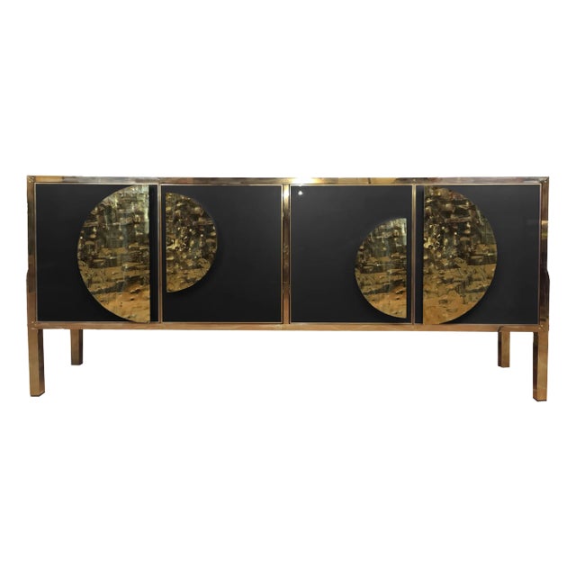 Buffet Sideboard Birch Wood & Black Venetian Glass With Brass Handles & Feet For Sale