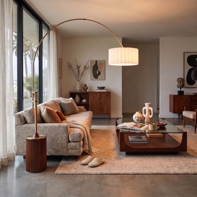 Mid-Century Modern 1980s Nova of California Tambo Brass Floor Lamp - 92 Mid Century Arc Lamp, Dark Walnut Base, White Linen Shade, Dimmable For Sale - Image 3 of 8
