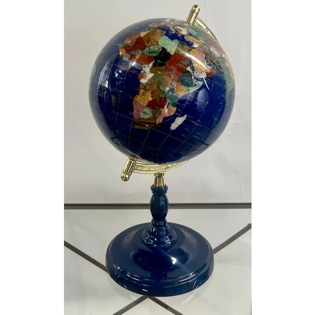 20th Century Lapis Blue Gemstone World Globe With Gilt Meridian Stand For Sale - Image 18 of 18