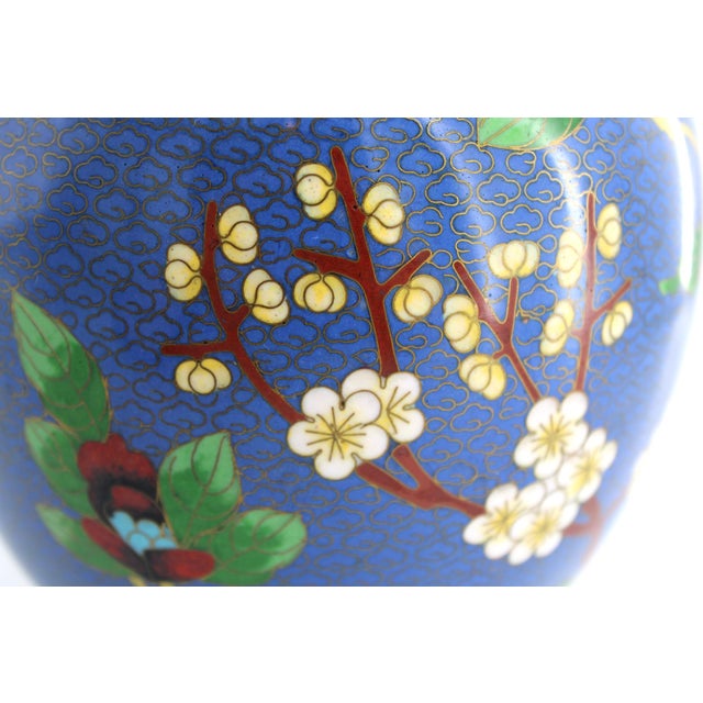 VTG Chinese Cloisonne Vase Cobalt Blue Bird Peony Floral Chinoiserie, 10.25” T For Sale - Image 9 of 10