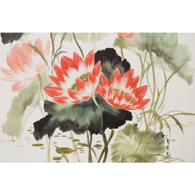 Vintage Chinese Water Lily Watercolor Painting For Sale - Image 9 of 13