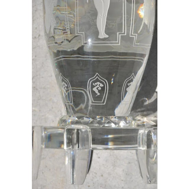 Pair of Large and Heavy Italian Solid Clear Crystal Candlesticks With Etched Art For Sale - Image 4 of 13