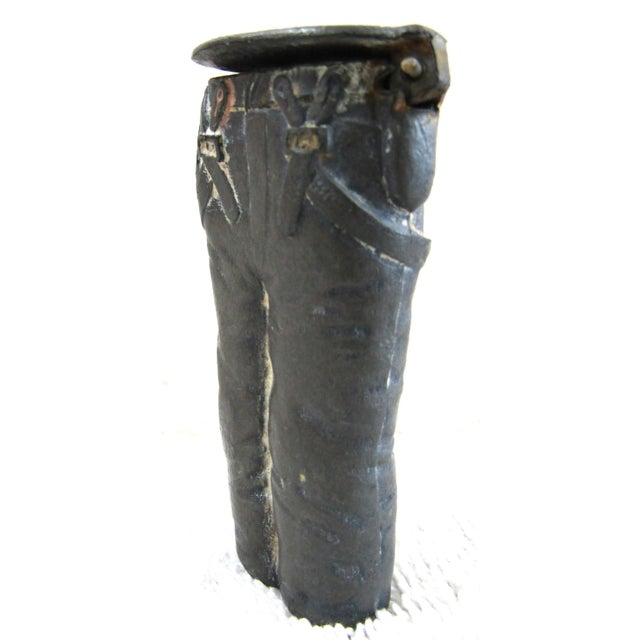 Antique 1886 Sculptural Pewter Work Pants Match Safe For Sale - Image 4 of 11