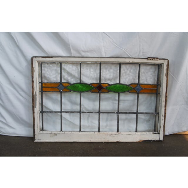 Green Antique Early 20th Century Arts & Crafts Leaded Stained Glass Window Panel For Sale - Image 8 of 12