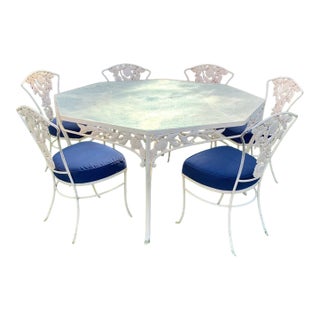 Vintage Woodard Attributed Wrought Iron Patio Dining Table & Chairs Pomegranate 7 Pc Set For Sale