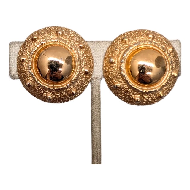 Vintage 1971 Signed Napier Egyptian Revival Round Goldtone Clip Earrings-2 Pieces For Sale