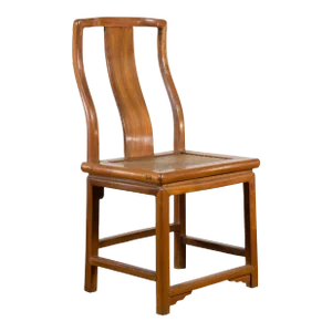 Early 20th Century Chinese Carved Elmwood & Rattan Seat Side Chair