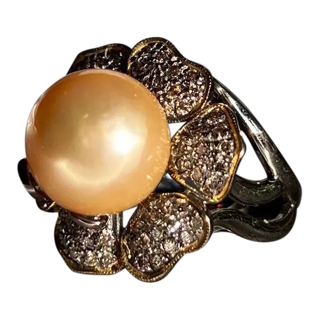 South Sea Golden Pearl and Champagne Diamond Flower Cocktail Ring, Size 7.5 For Sale