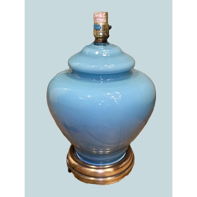 1970s Vintage Teal and Brass Lamp For Sale - Image 5 of 8