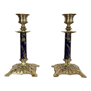 Antique Victorian Brass and Porcelain Candlesticks, 1880, Set of 2 For Sale