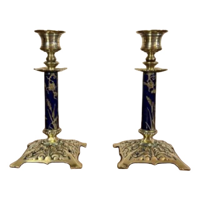 Antique Victorian Brass and Porcelain Candlesticks, 1880, Set of 2 For Sale