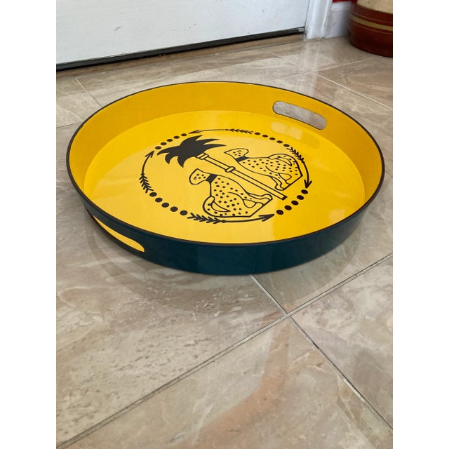 French Country Leopards Under Palm Tree Lacquered Bar Tray Casablanca Dior Inspired For Sale - Image 3 of 12