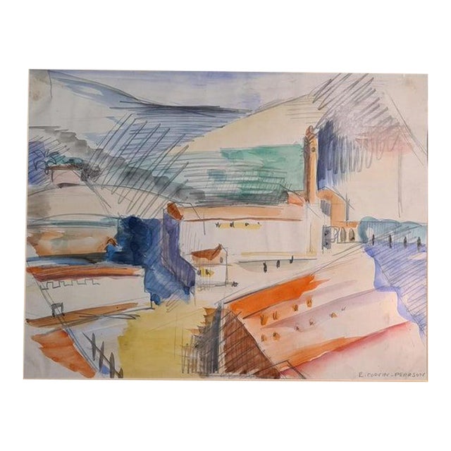 Early 20th Century Cubist, Art Deco, View of a Factory in a Landscape, l'Usine Painting by E Corvin-Pearson For Sale