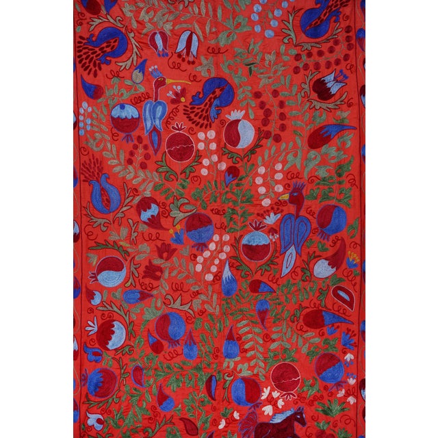 Textile Red Uzbek Suzani Embroidered Wall Hanging – Pomegranate, Bird & Horse Boho Textile 3'4'' X 6'2'' For Sale - Image 7 of 12