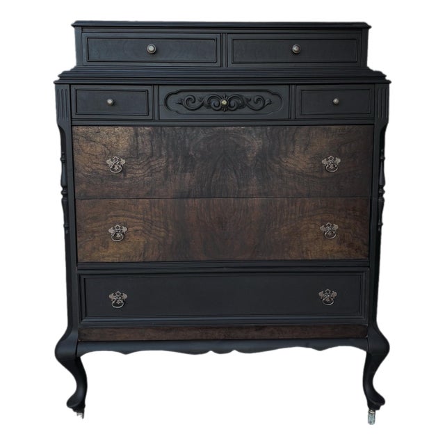1920s French Style Dresser in Matte Black With Burled Wood Drawer Fronts Tall Boy Dresser With Cedar Chest Drawer For Sale